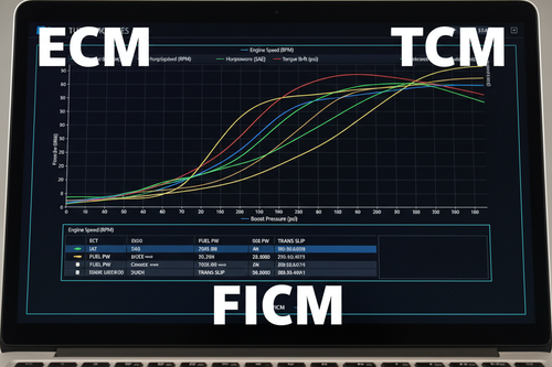 HP Tuners performance graph showing ECM, TCM, and FICM tuning for 6.0 Powerstroke